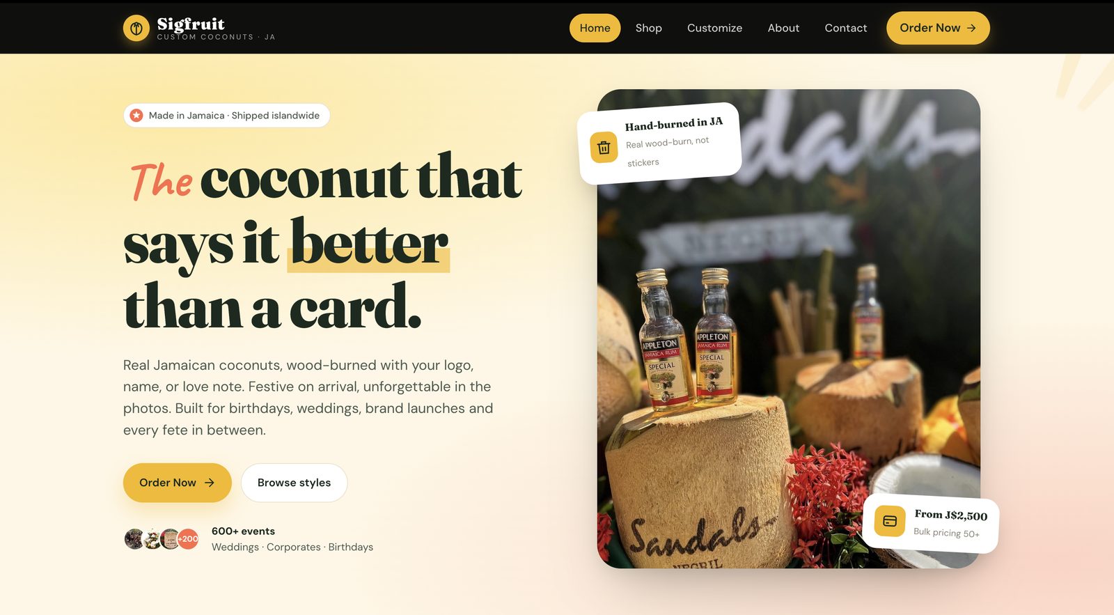 SIGFRUIT custom coconuts website homepage